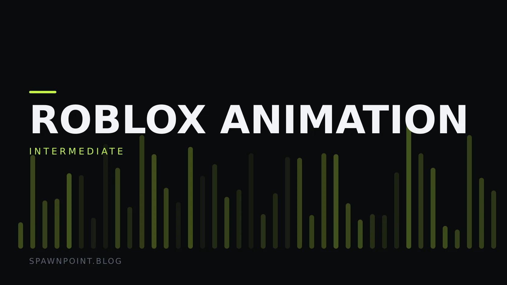 Typographic plate with the Roblox Animation category in large type, the intermediate level below it, and a field of vertical lime green bars on a dark background.