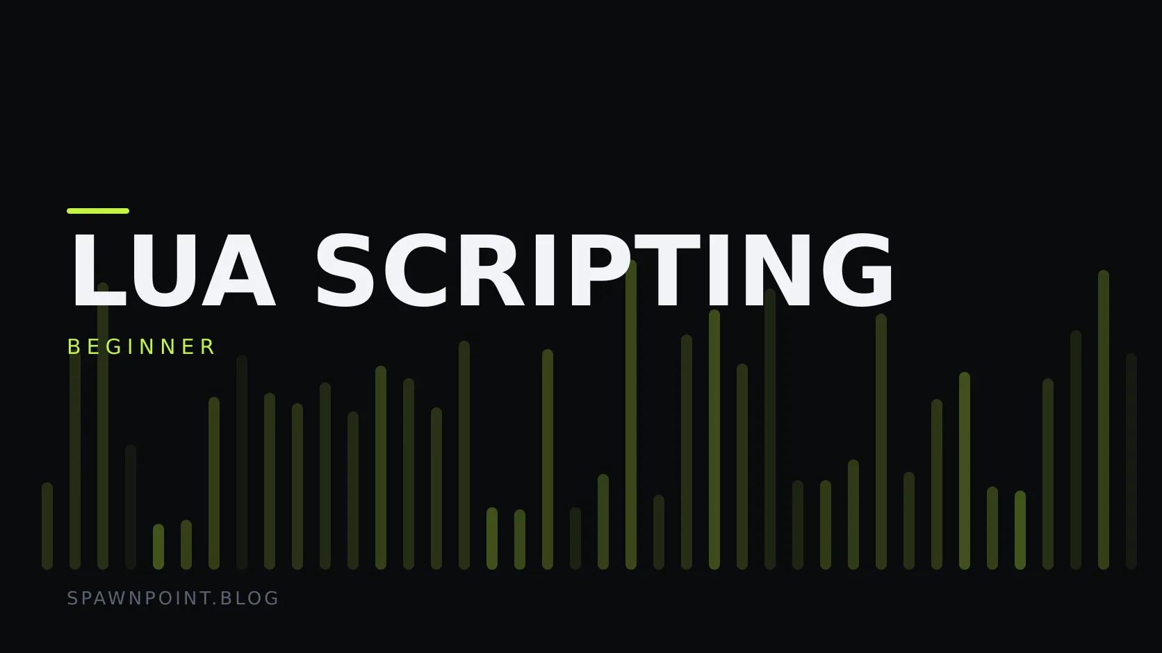 Typographic plate with the Lua Scripting category in large type, the beginner level below it, and a field of vertical lime green bars on a dark background.