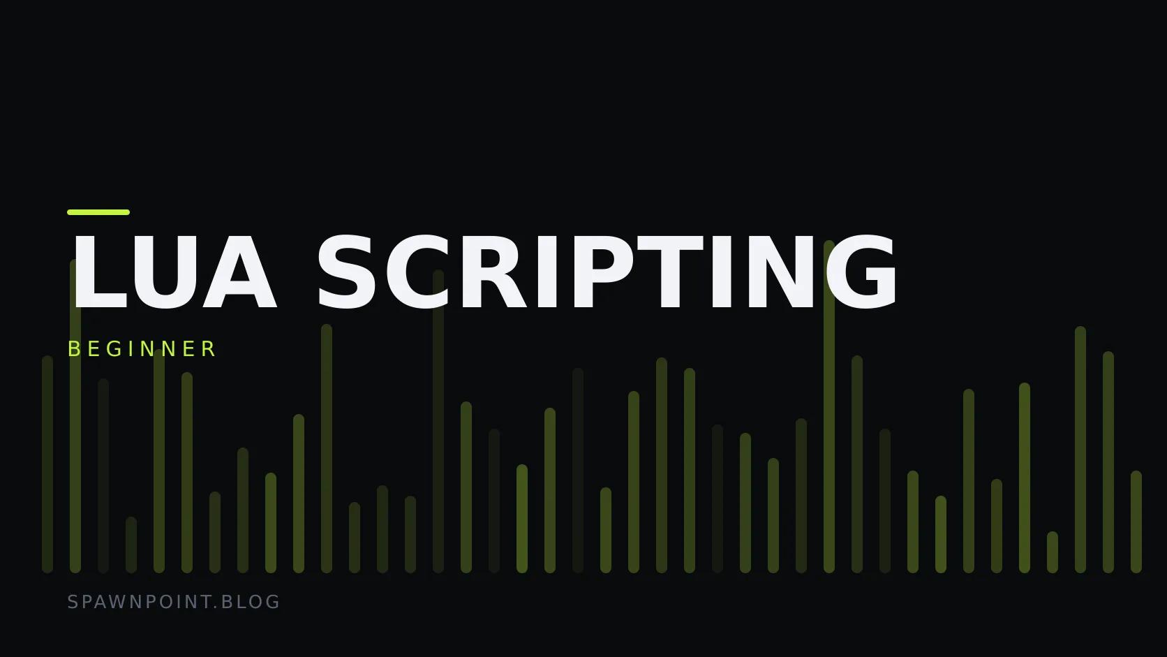 Typographic plate with the Lua Scripting category in large type, the beginner level below it, and a field of vertical lime green bars on a dark background.