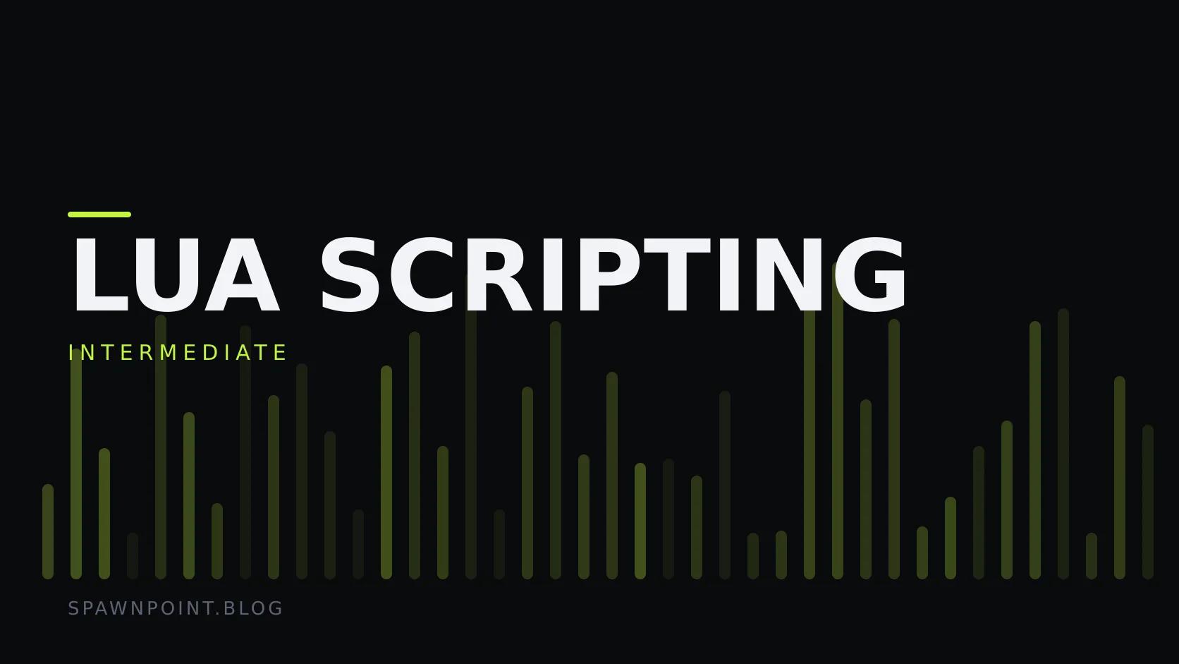 Typographic plate with the Lua Scripting category in large type, the intermediate level below it, and a field of vertical lime green bars on a dark background.