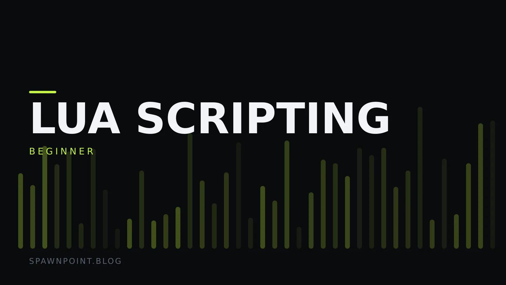 Typographic plate with the Lua Scripting category in large type, the beginner level below it, and a field of vertical lime green bars on a dark background.