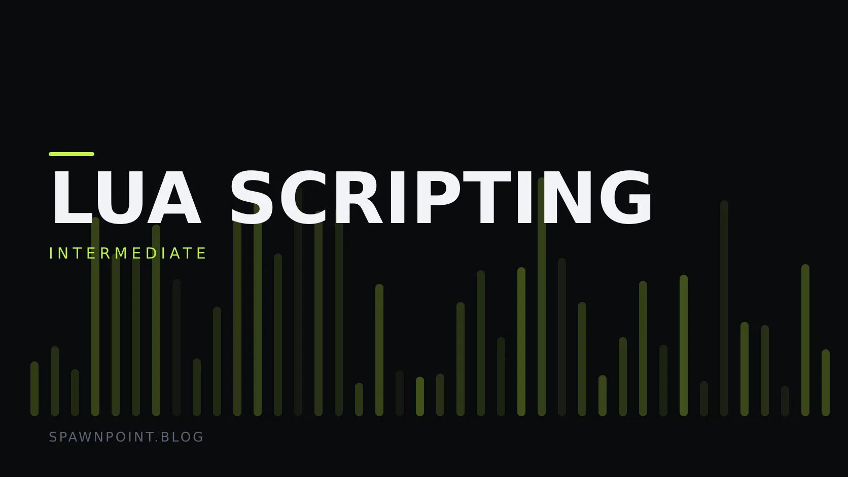 Typographic plate with the Lua Scripting category in large type, the intermediate level below it, and a field of vertical lime green bars on a dark background.