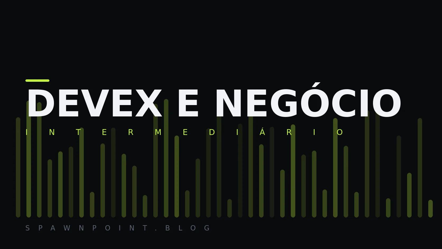 Placa tipográfica com a categoria DevEx e negócio em destaque, o nível intermediário abaixo, e um campo de barras verticais verdes sobre fundo escuro.