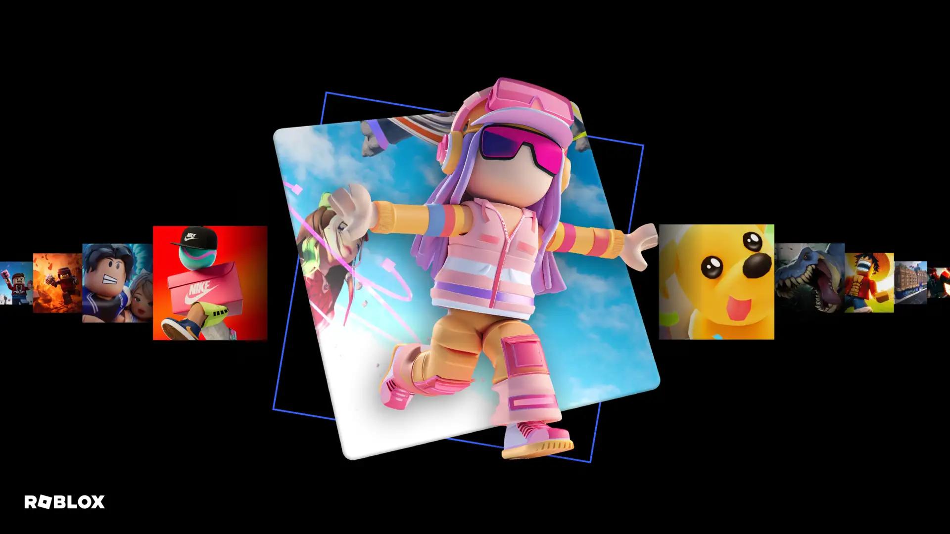 Avatar do Roblox em conjunto rosa e laranja, com boné e óculos escuros, de braços abertos em pose de salto dentro de uma moldura azul inclinada, ladeado por miniaturas menores de jogos sobre fundo preto.