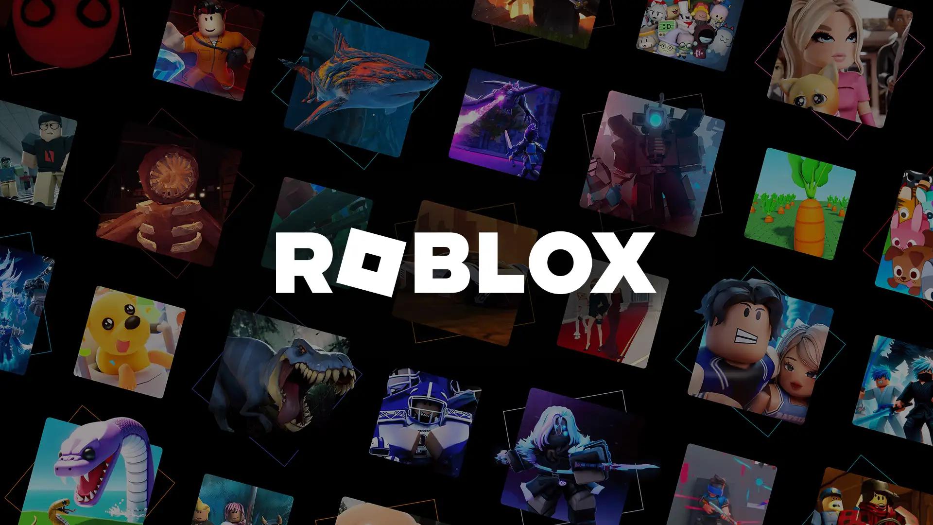Mosaico de dezenas de miniaturas de jogos do Roblox de gêneros diferentes sobre fundo preto, com o logotipo da plataforma ao centro.