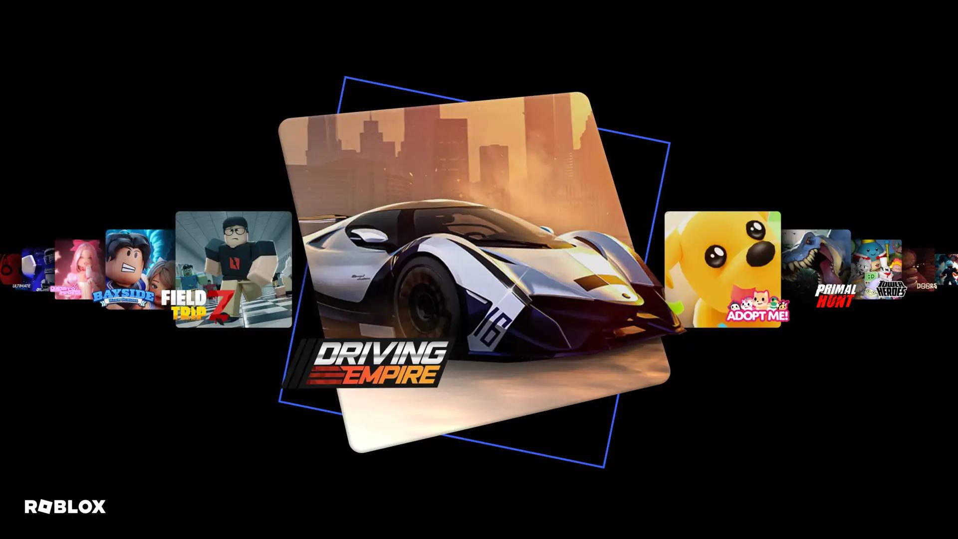 Fileira de capas de jogos do Roblox sobre fundo preto, com a de Driving Empire ampliada ao centro dentro de uma moldura azul inclinada.