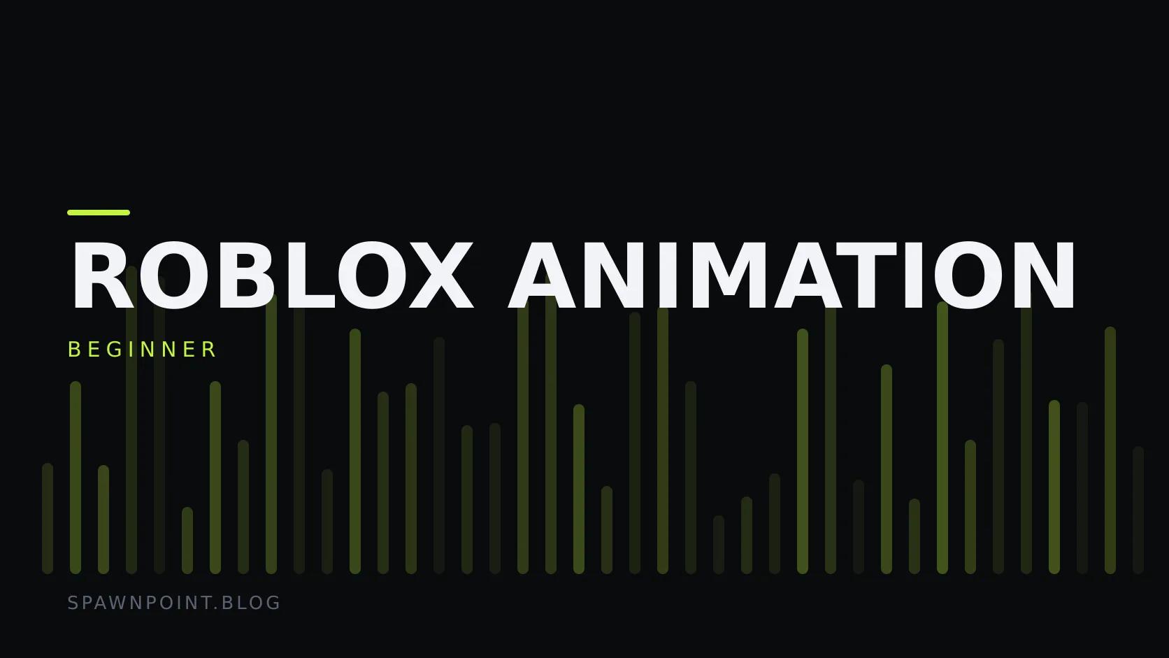 Typographic plate with the Roblox Animation category in large type, the beginner level below it, and a field of vertical lime green bars on a dark background.