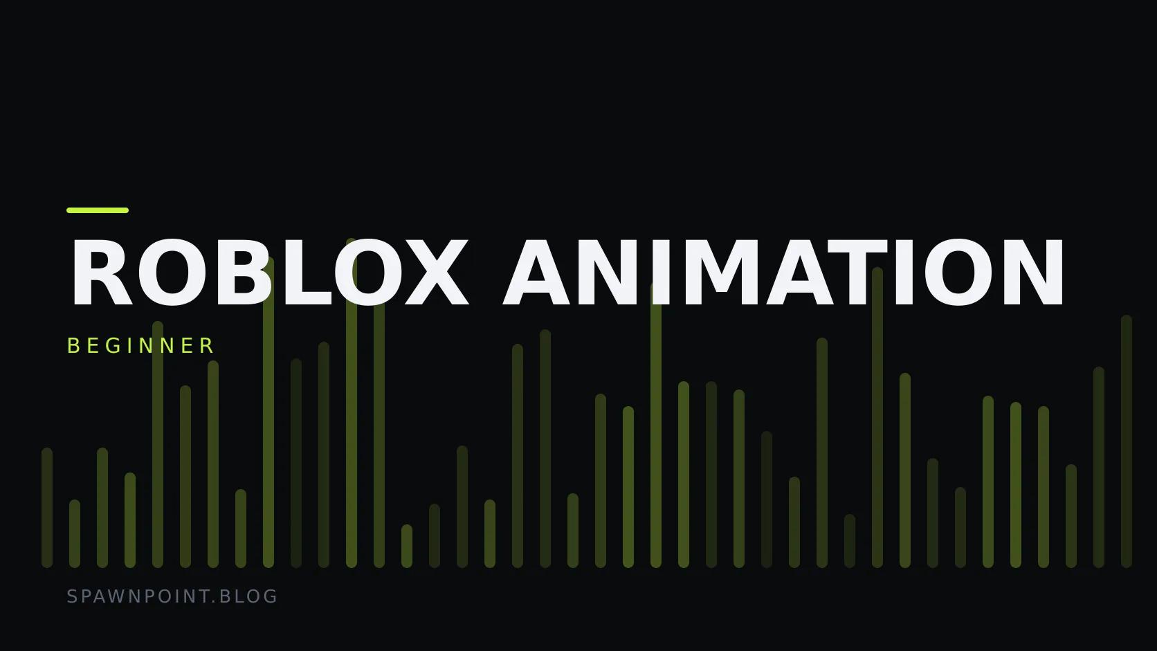 Typographic plate with the Roblox Animation category in large type, the beginner level below it, and a field of vertical lime green bars on a dark background.