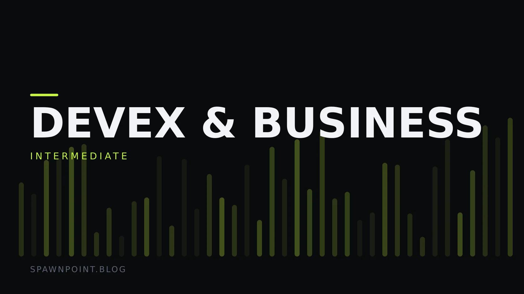 Typographic plate with the DevEx & Business category in large type, the intermediate level below it, and a field of vertical lime green bars on a dark background.