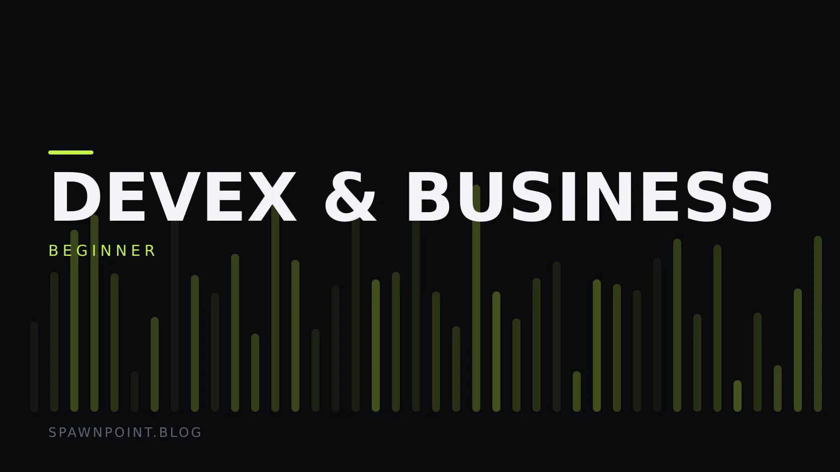 Typographic plate with the DevEx & Business category in large type, the beginner level below it, and a field of vertical lime green bars on a dark background.