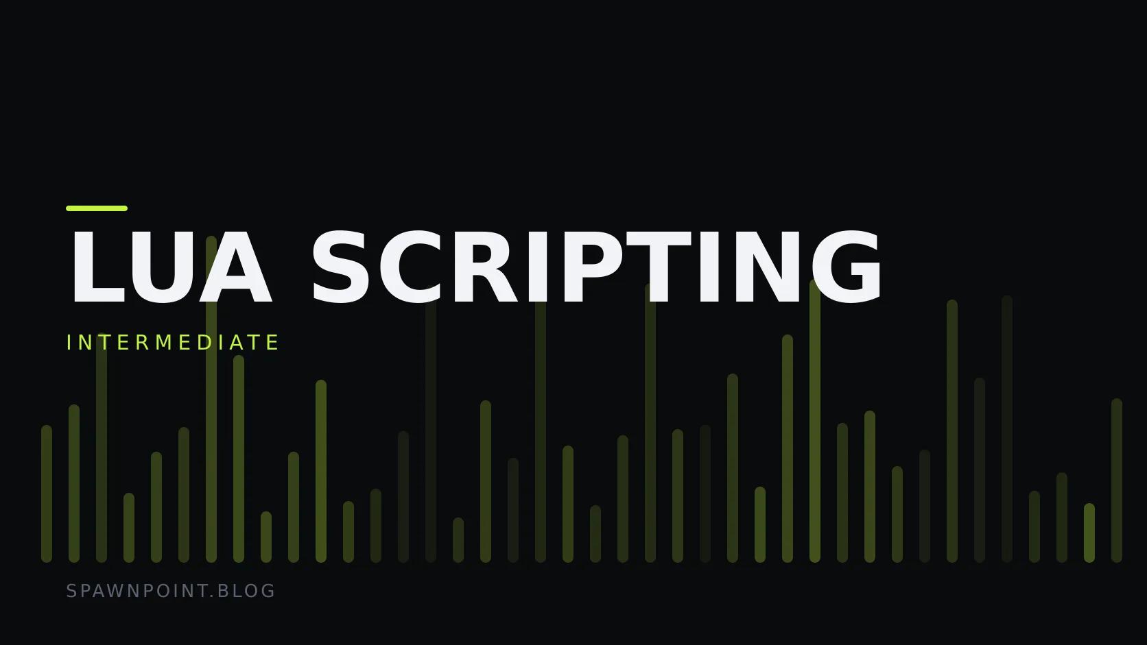 Typographic plate with the Lua Scripting category in large type, the intermediate level below it, and a field of vertical lime green bars on a dark background.