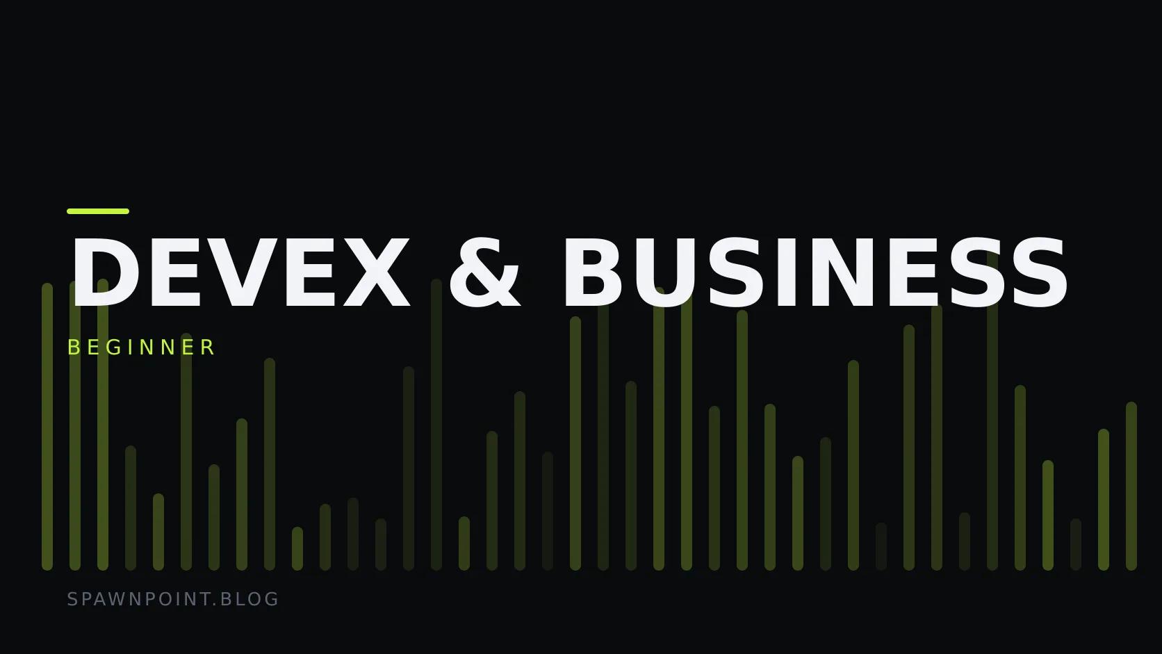 Typographic plate with the DevEx & Business category in large type, the beginner level below it, and a field of vertical lime green bars on a dark background.