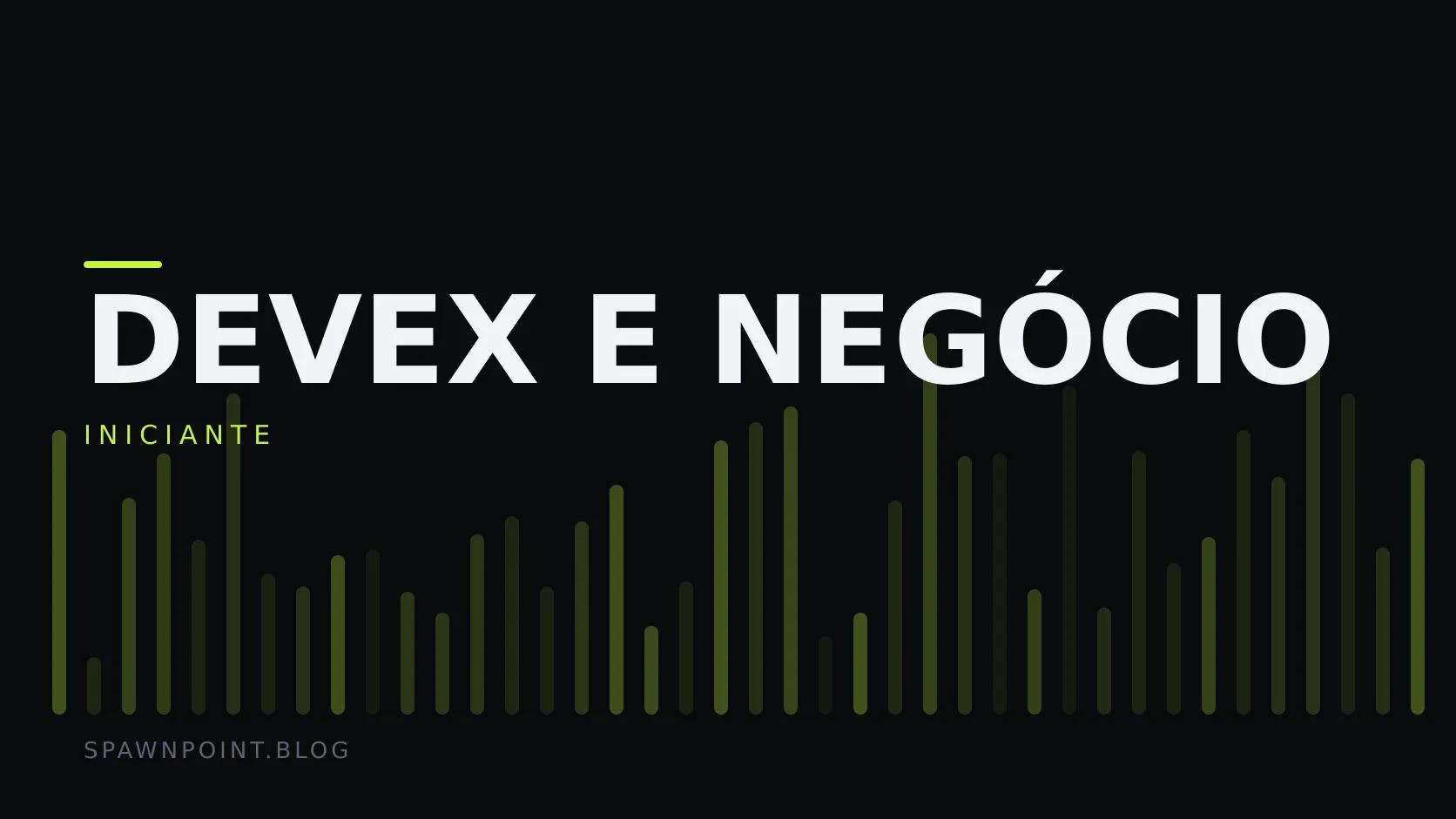Placa tipográfica com a categoria DevEx e negócio em destaque, o nível iniciante abaixo, e um campo de barras verticais verde-limão sobre fundo escuro.