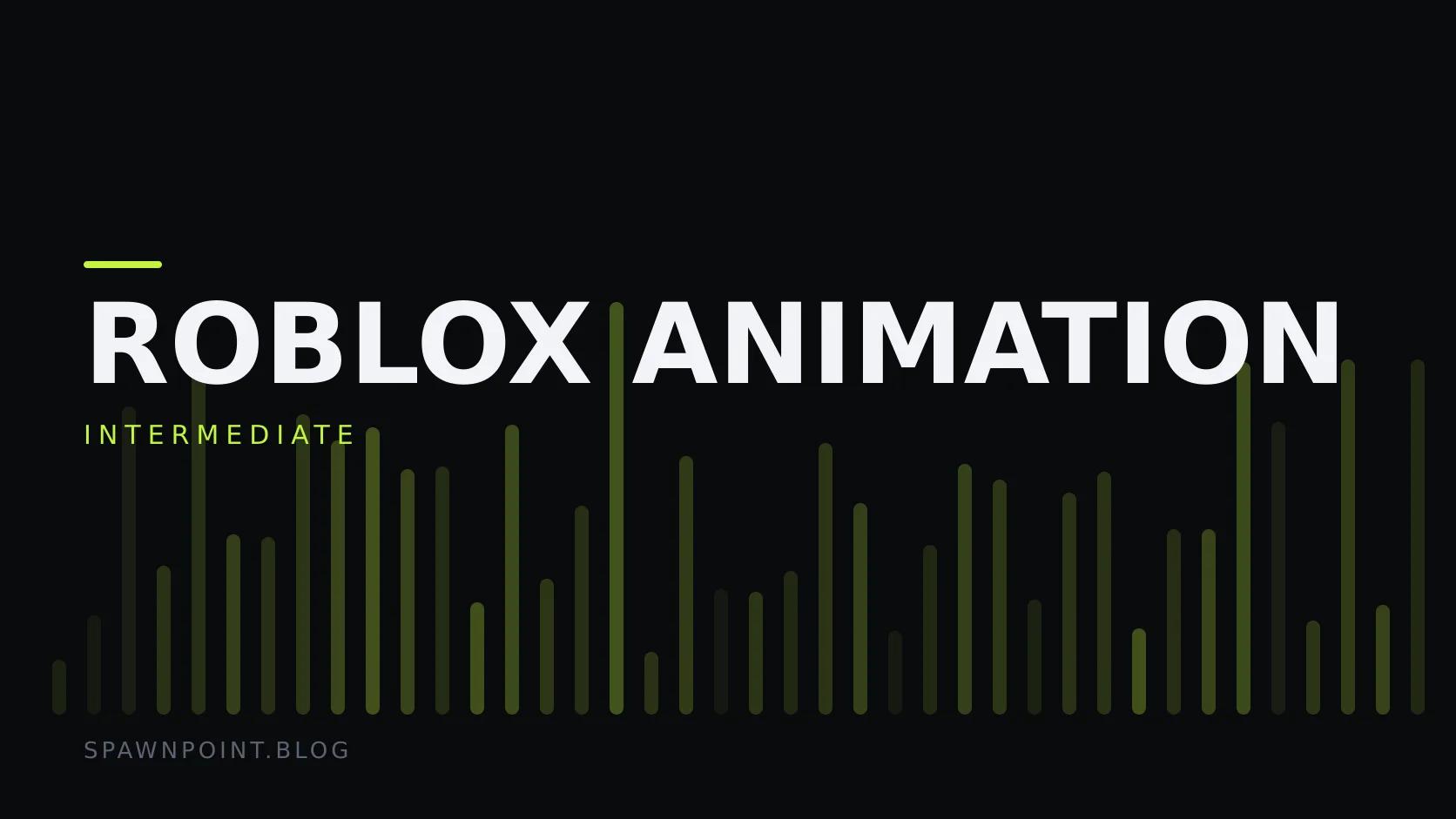 Typographic plate with the Roblox Animation category in large type, the intermediate level below it, and a field of vertical lime green bars on a dark background.