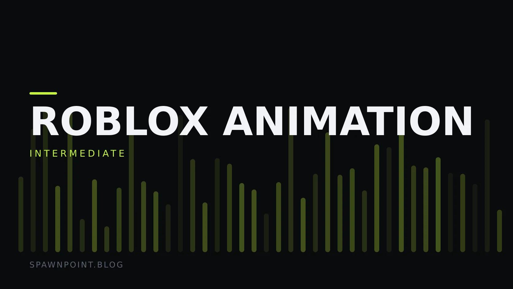 Typographic plate with the Roblox Animation category in large type, the intermediate level below it, and a field of vertical lime green bars on a dark background.