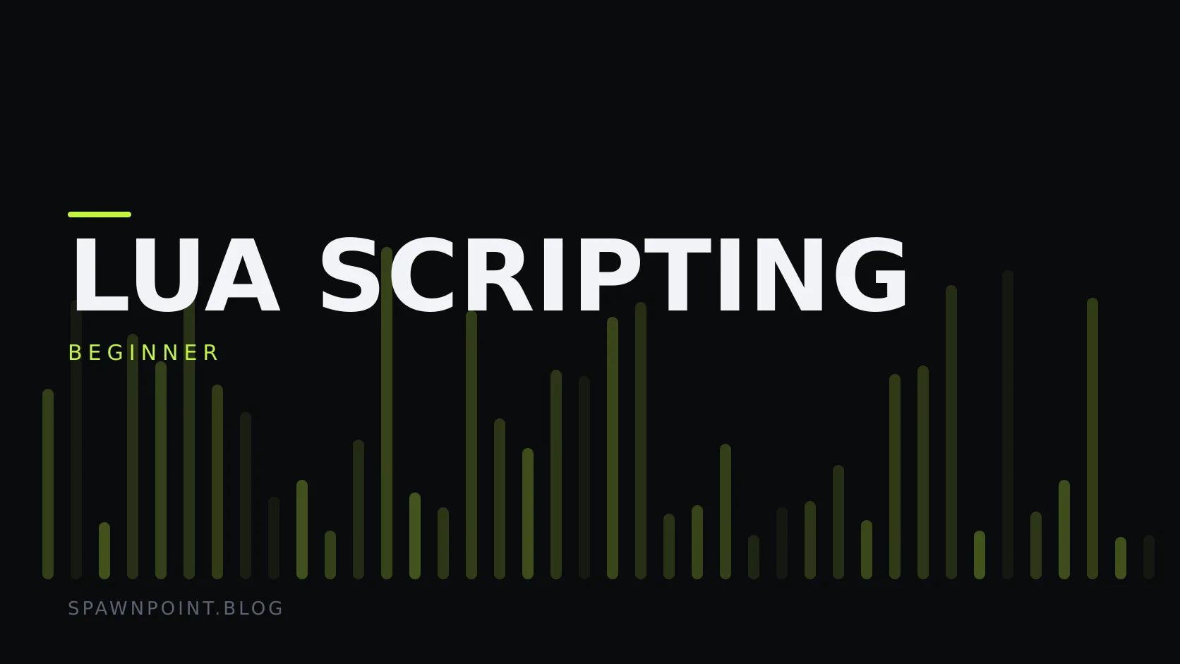 Typographic plate with the Lua Scripting category in large type, the beginner level below it, and a field of vertical lime green bars on a dark background.