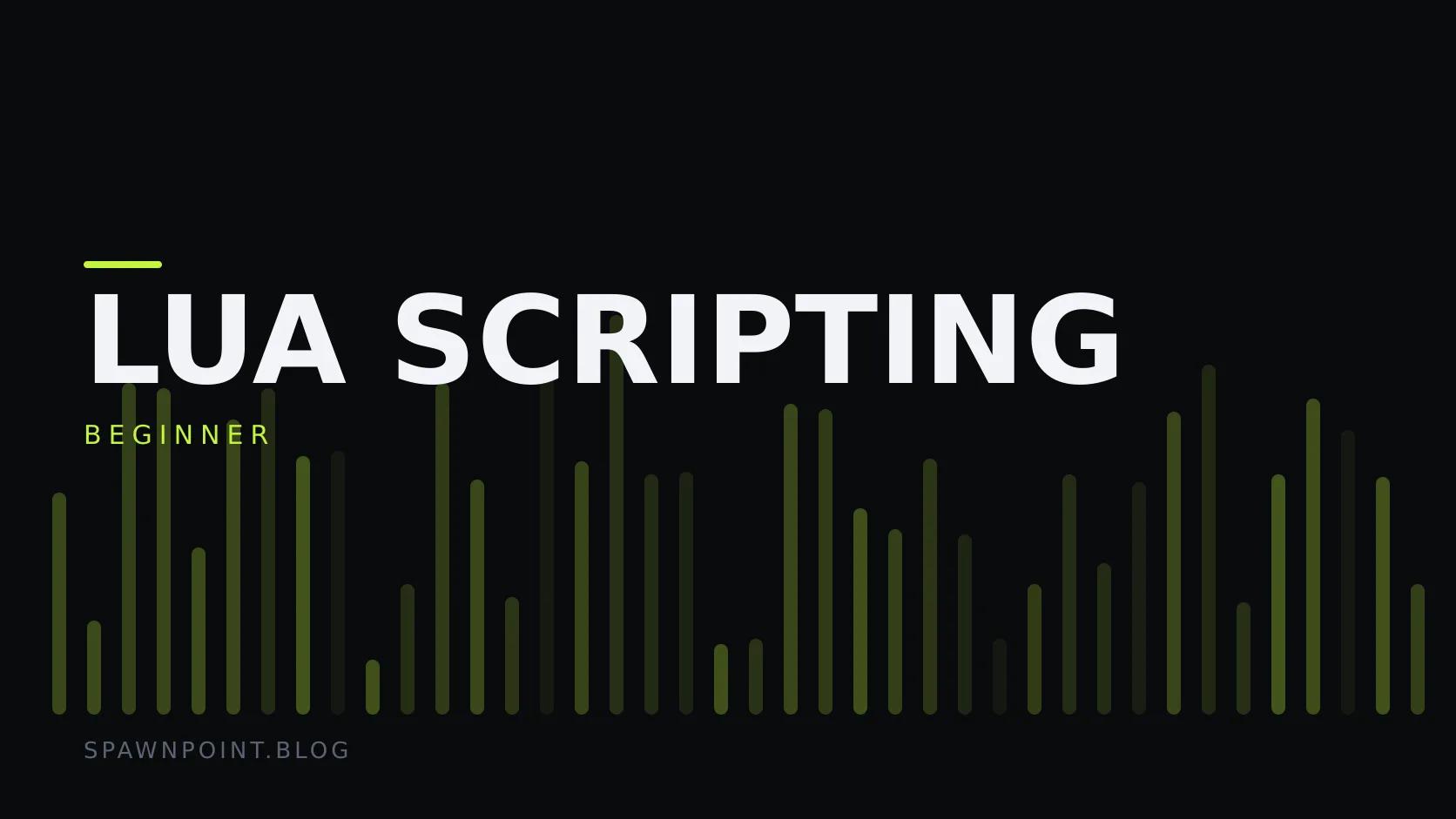 Typographic plate with the Lua Scripting category in large type, the beginner level below it, and a field of vertical lime green bars on a dark background.