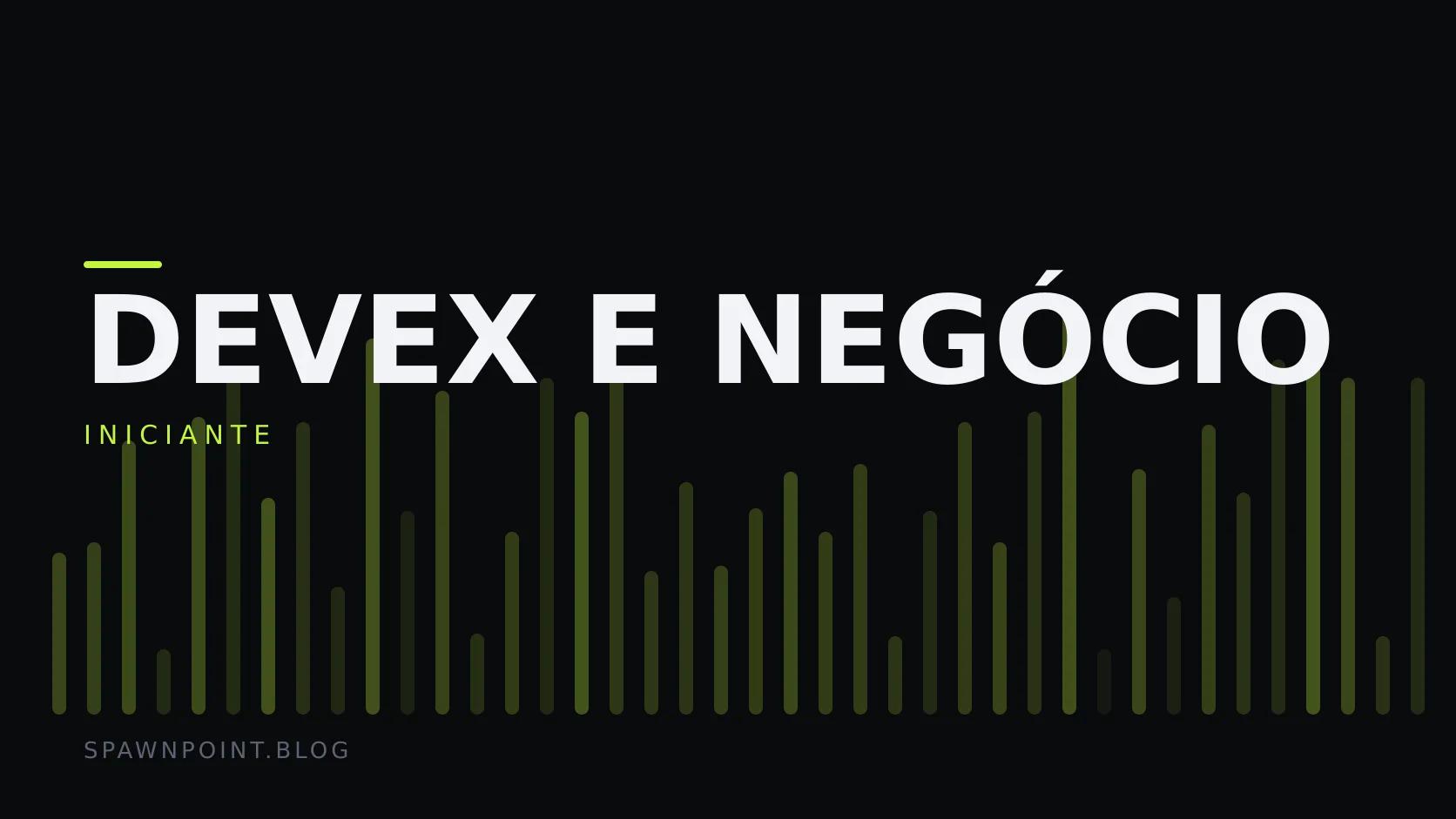 Placa tipográfica com a categoria DevEx e negócio em destaque, o nível iniciante abaixo, e um campo de barras verticais verde-limão sobre fundo escuro.