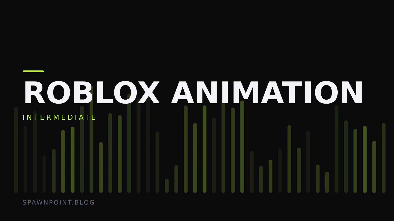 Typographic plate with the Roblox Animation category in large type, the intermediate level below it, and a field of vertical lime green bars on a dark background.