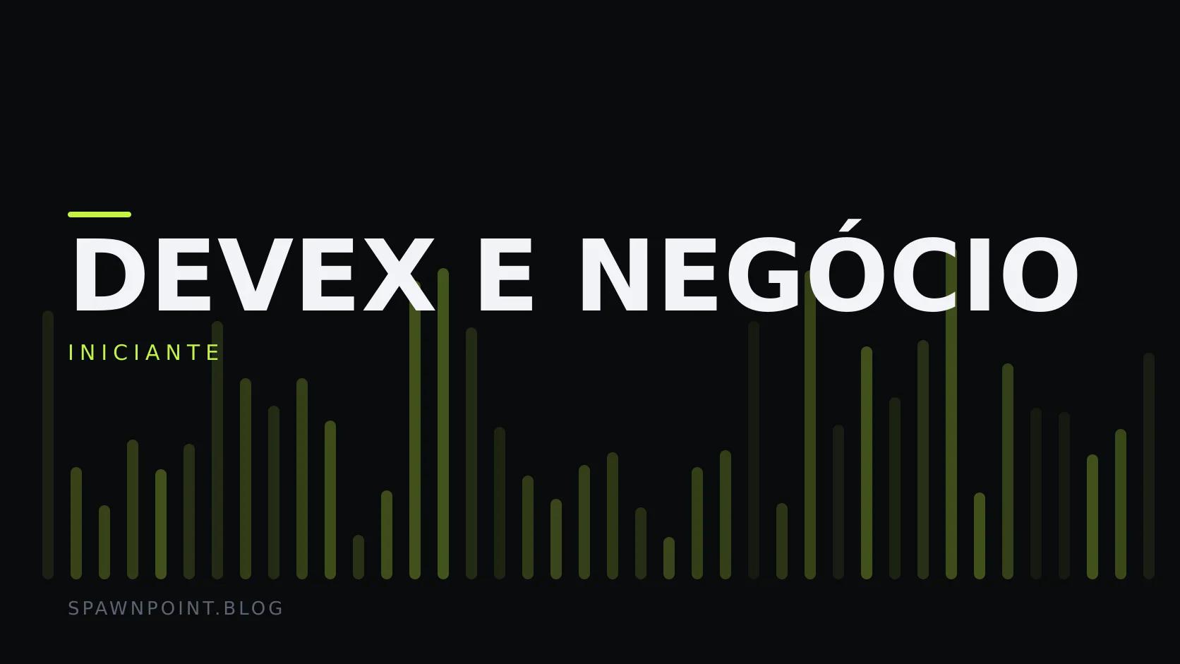 Placa tipográfica com a categoria DevEx e negócio em destaque, o nível iniciante abaixo, e um campo de barras verticais verde-limão sobre fundo escuro.