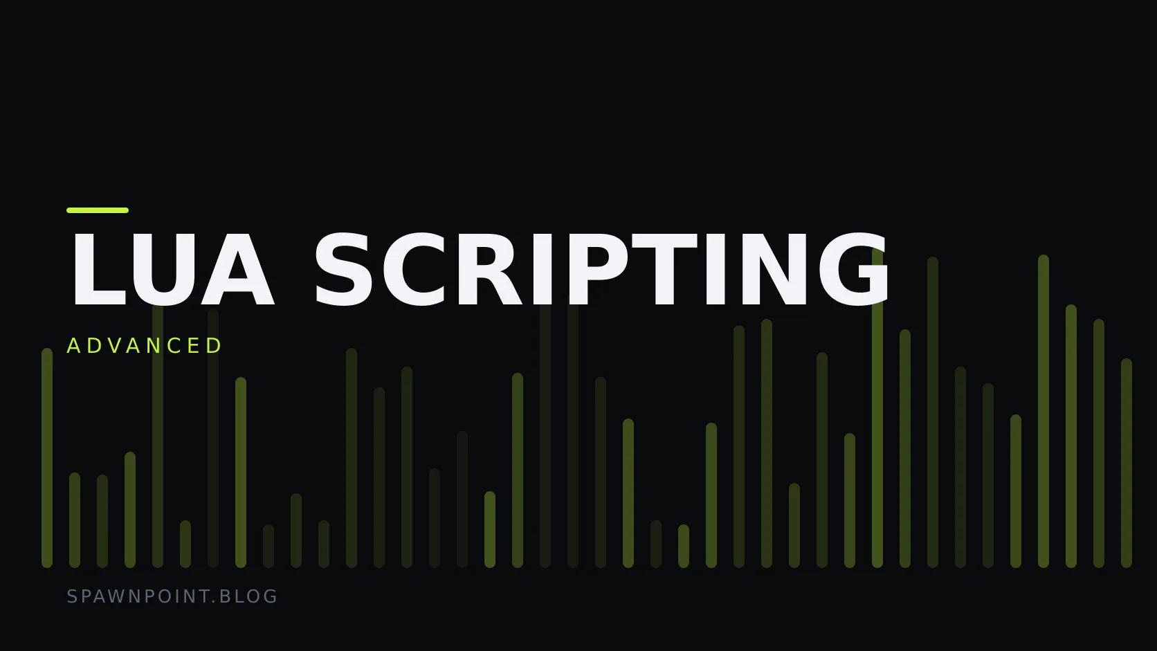 Typographic plate with the Lua Scripting category in large type, the advanced level below it, and a field of vertical lime green bars on a dark background.