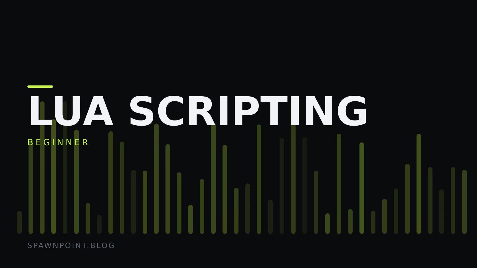 Typographic plate with the Lua Scripting category in large type, the beginner level below it, and a field of vertical lime green bars on a dark background.
