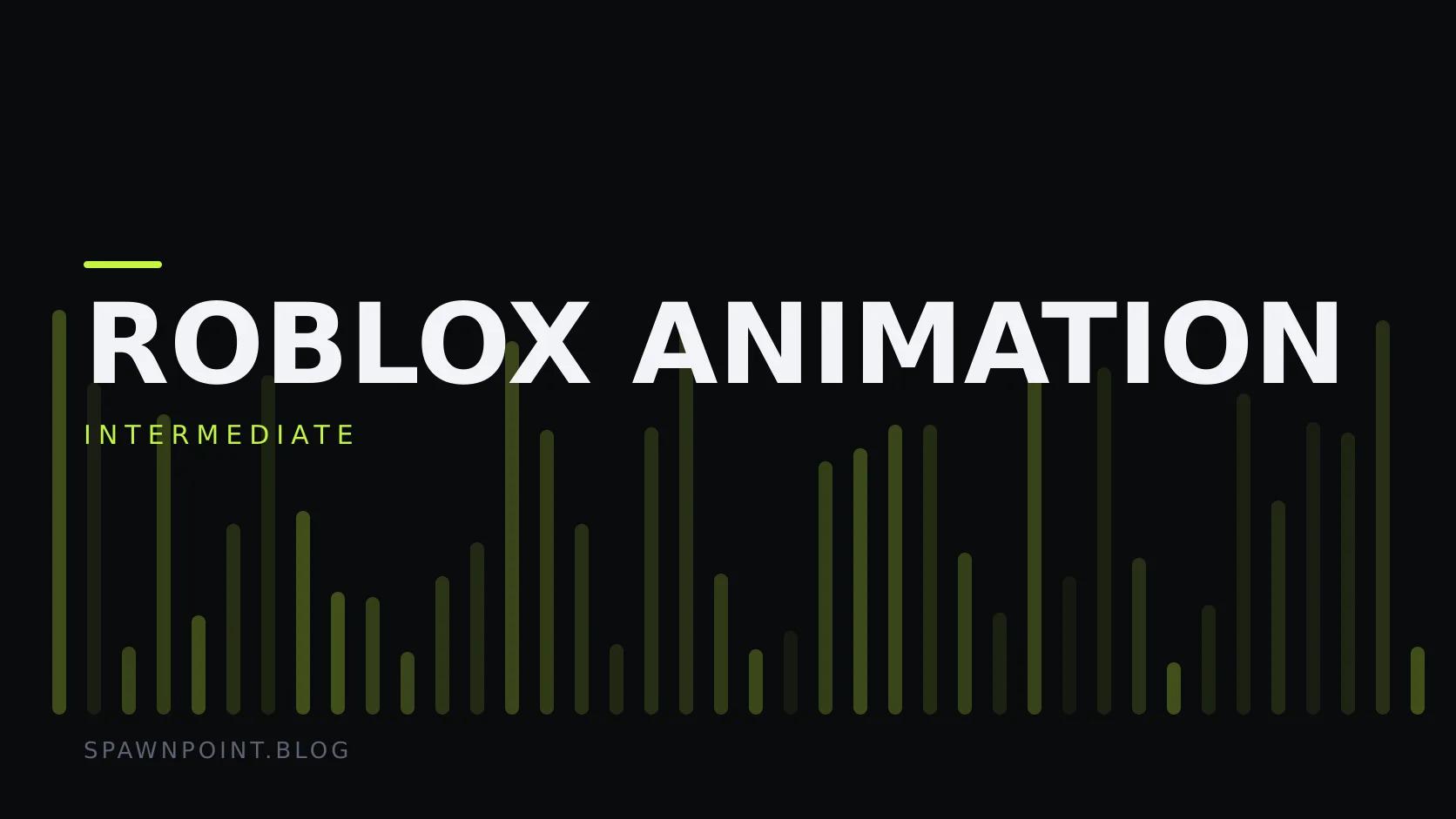 Typographic plate with the Roblox Animation category in large type, the intermediate level below it, and a field of vertical lime green bars on a dark background.