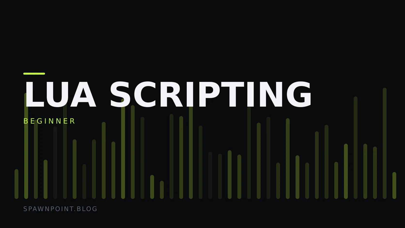 Typographic plate with the Lua Scripting category in large type, the beginner level below it, and a field of vertical lime green bars on a dark background.