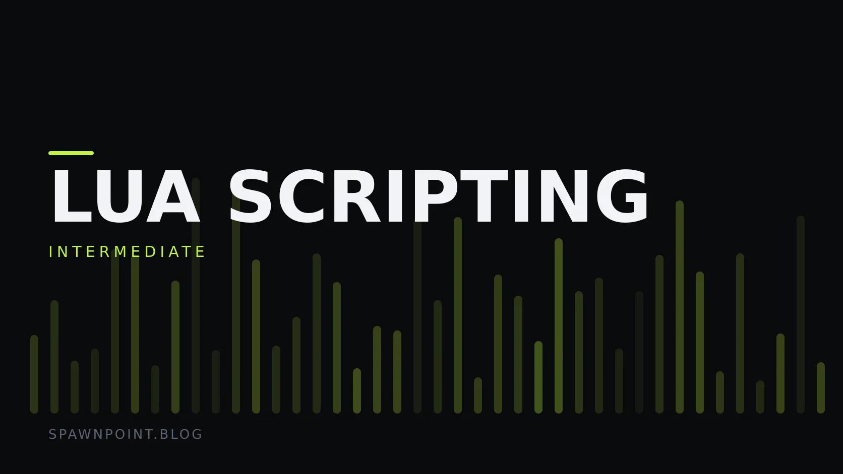 Typographic plate with the Lua Scripting category in large type, the intermediate level below it, and a field of vertical lime green bars on a dark background.