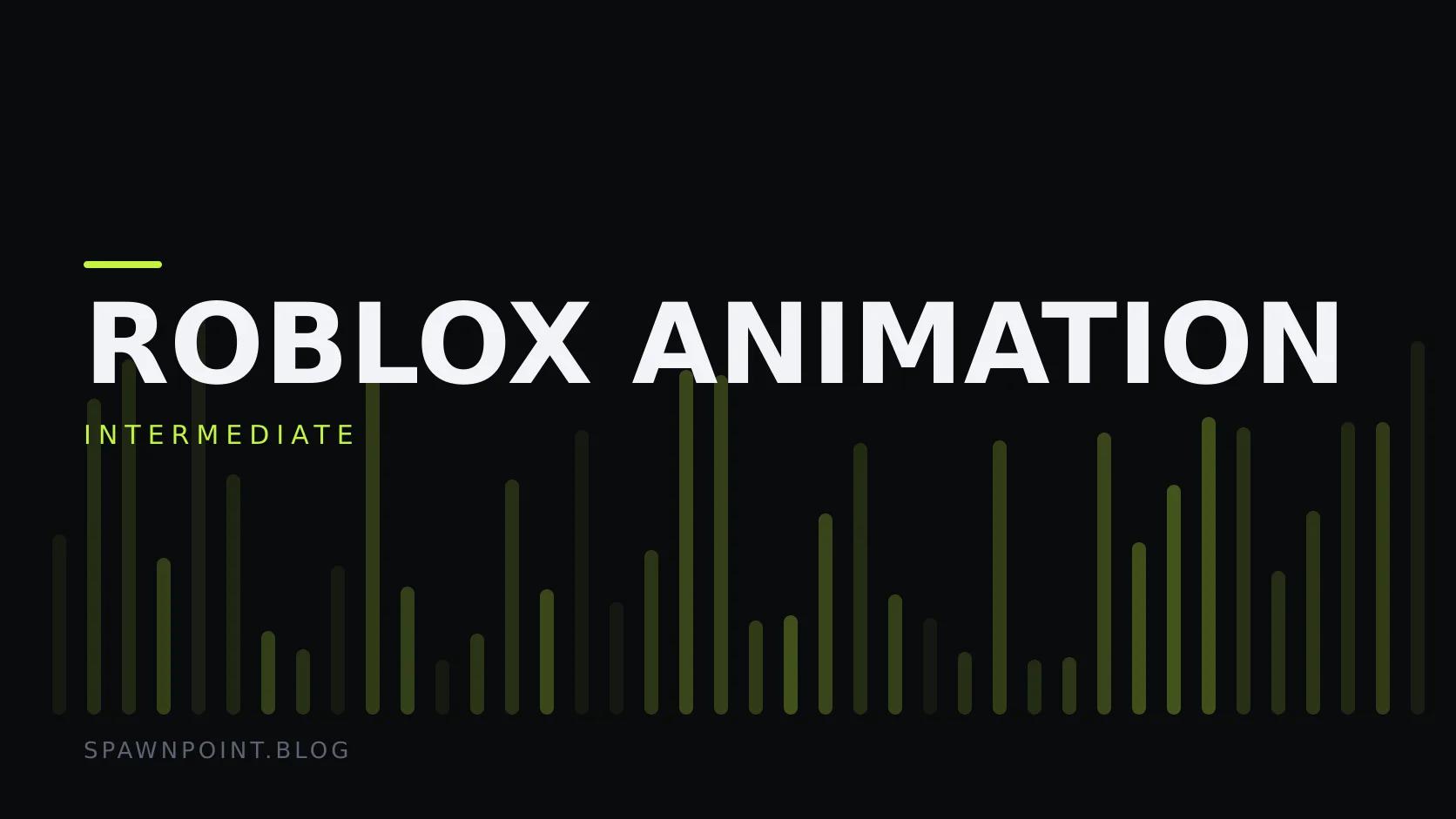 Typographic plate with the Roblox Animation category in large type, the intermediate level below it, and a field of vertical lime green bars on a dark background.