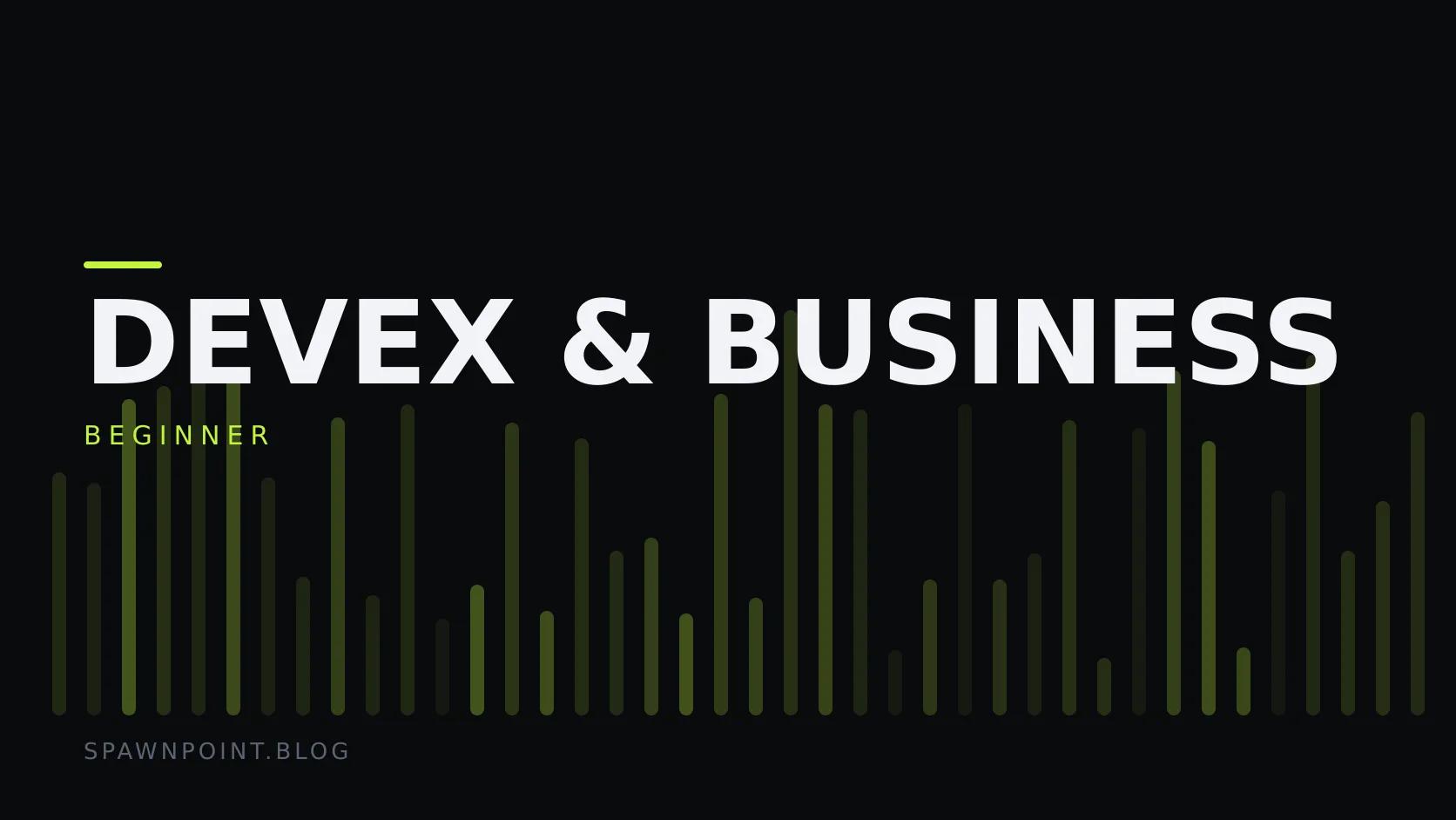 Typographic plate with the DevEx & Business category in large type, the beginner level below it, and a field of vertical lime green bars on a dark background.