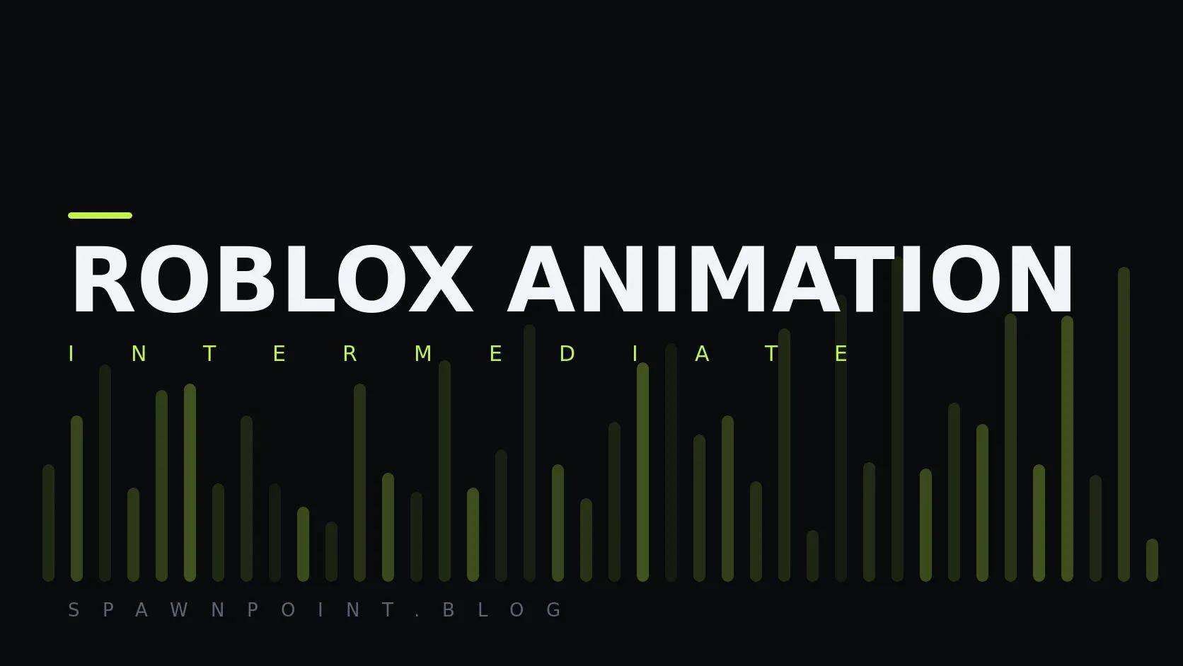Typographic plate with the Roblox Animation category in large type, the intermediate level below it, and a field of vertical lime green bars on a dark background.