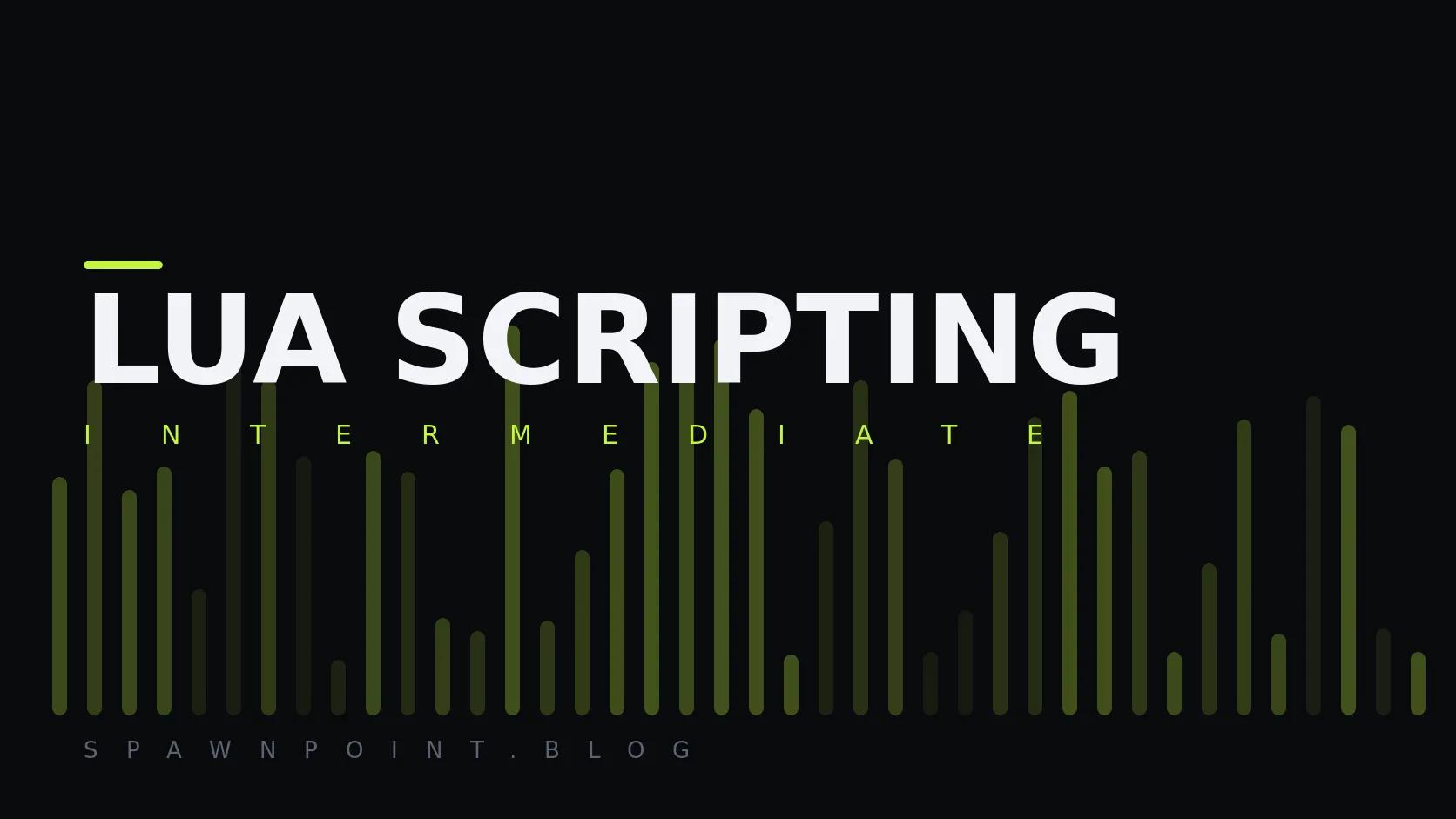 Typographic plate with the Lua Scripting category in large type, the intermediate level below it, and a field of vertical lime green bars on a dark background.